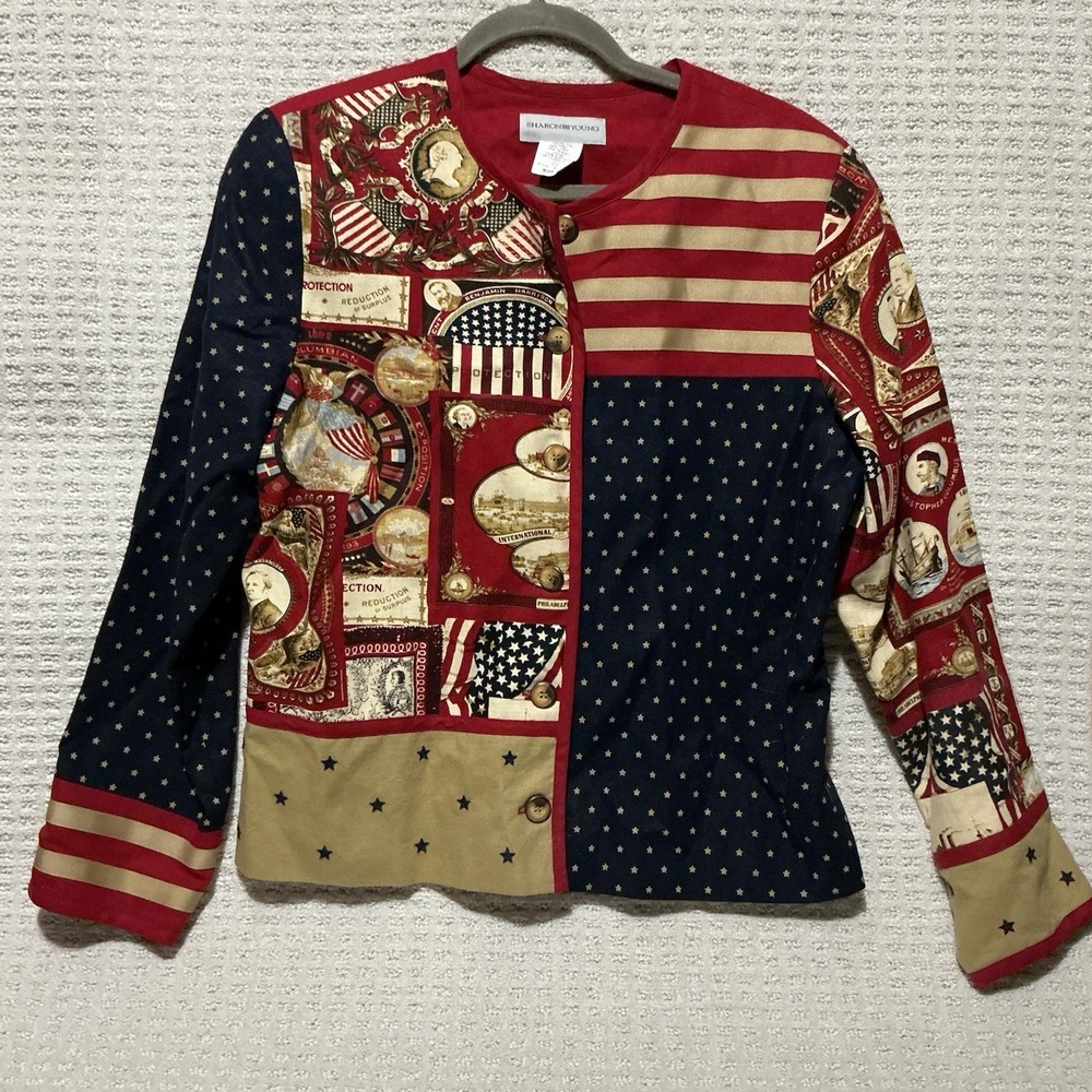 Sharon Young Patriotic Women's Linen Blend Jacket 10 Stars Stripe‎ Vintage